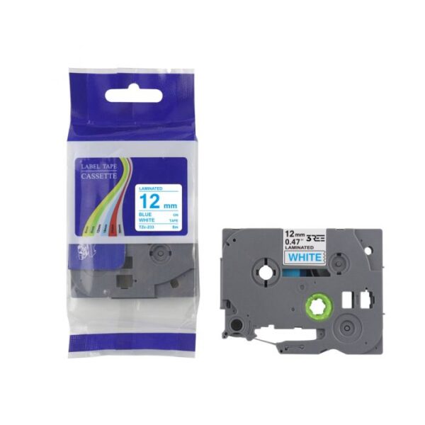 Label Tape Compatible with Brother TZ233\TZe-233 P-Touch Laminated 12MM x 8M (Blue on White) - Image 2