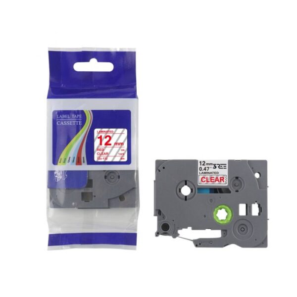 Label Tape Compatible with Brother TZ132\TZe-132 P-Touch Laminated 12MM x 8M (Red on Clear) - Image 2