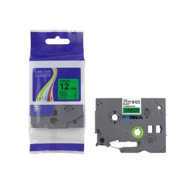 Label Tape Compatible with Brother TZ731\TZe-731 P-Touch Laminated 12MM x 8M (Black on Green) - Image 2