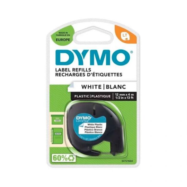 Dymo LT S0721610 / 91201 Original LetraTag Label Tape Self Adhesive Black Print on White 12 mm x 4m