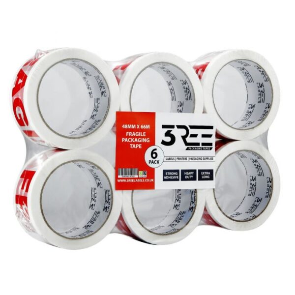 3REE Packaging Tape 48 mm x 68 m Fragile Pack of 6